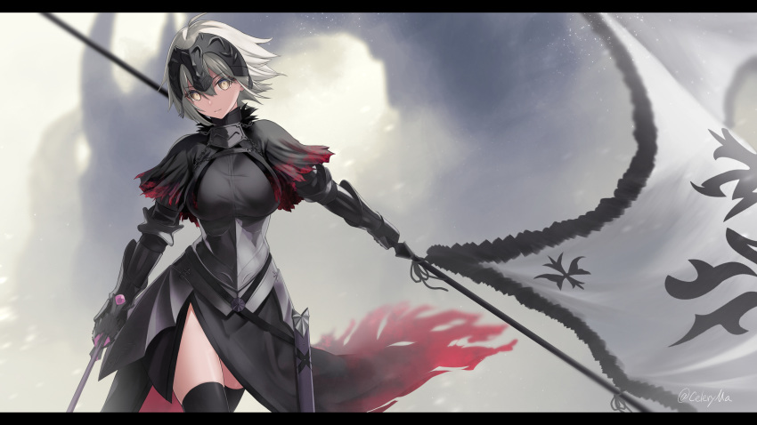 1girl absurdres armor armored_dress banner black_dress black_legwear breasts celeryma cowboy_shot dress eyebrows_visible_through_hair fate/grand_order fate_(series) faulds gauntlets grey_eyes headpiece highres holding holding_sword holding_weapon jeanne_d'arc_(alter)_(fate) jeanne_d'arc_(fate)_(all) large_breasts looking_at_viewer shiny shiny_skin short_hair side_slit silver_hair solo standing sword thighhighs weapon