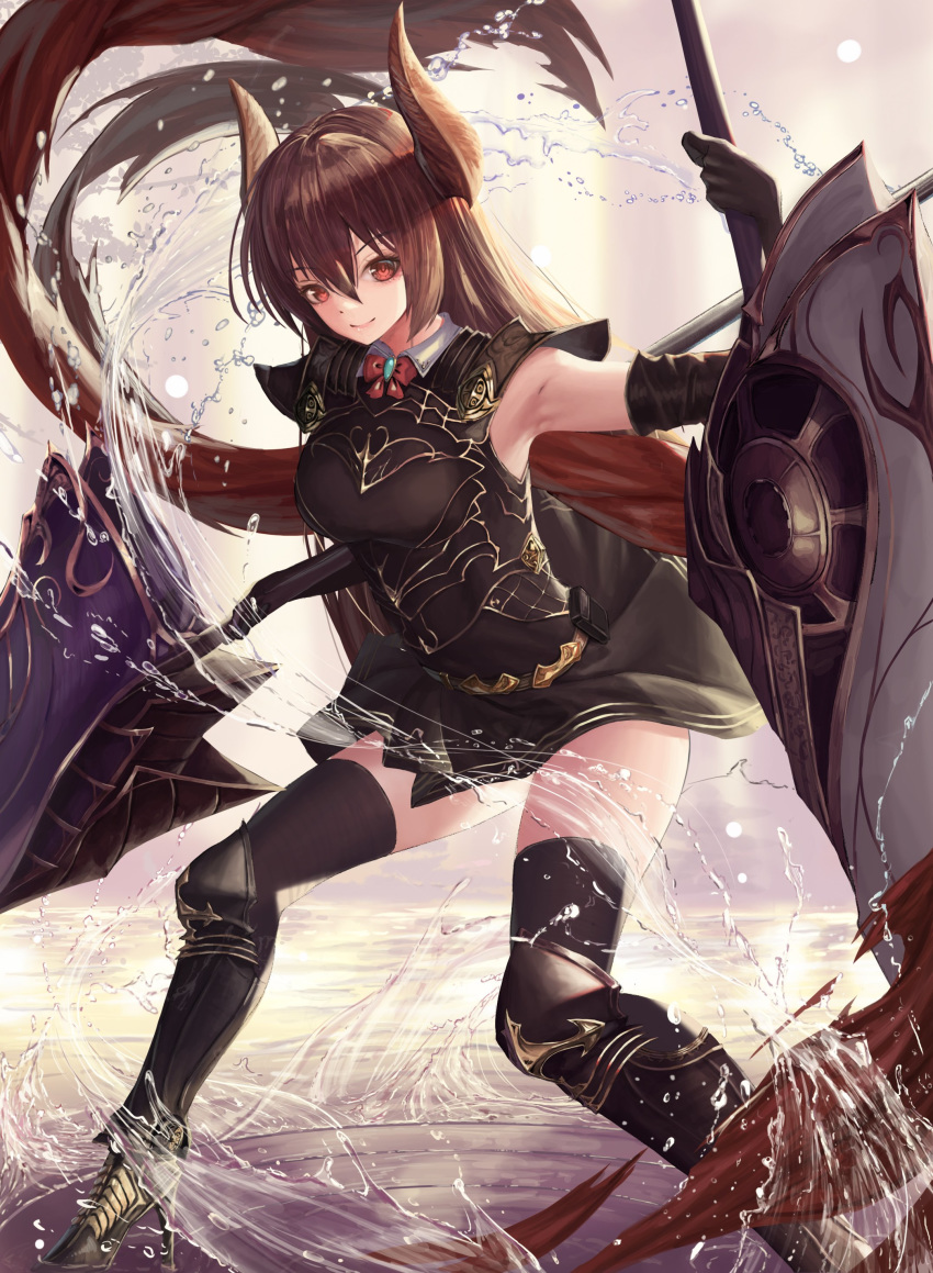 1girl absurdres armor bangs black_legwear breasts brown_hair closed_mouth dual_wielding elbow_gloves fighting_stance forte_(shingeki_no_bahamut) gloves highres holding holding_spear holding_weapon horns large_breasts long_hair looking_at_viewer medium_breasts nekobell pointy_ears polearm red_eyes shadowverse shingeki_no_bahamut skirt smile solo spear thighhighs weapon