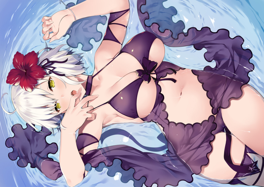 bikini bikini_top fate/grand_order fate_(series) flowers jeanne_d'arc_alter navel short_hair swimsuit tachibana_yuu wet white_hair