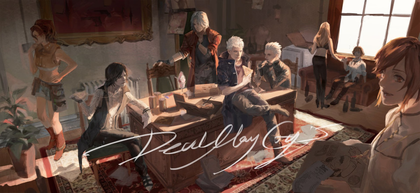 4boys 4girls black_hair blonde_hair brown_hair carpet chair copyright_name couch dante_(devil_may_cry) desk devil_may_cry devil_may_cry_5 eating everyone family father_and_son food good_end highres jewelry kyrie lady_(devil_may_cry) limiicirculate messy_room multiple_boys multiple_girls necklace nero_(devil_may_cry) nico_(devil_may_cry) open_mouth paper pizza pizza_box plant short_shorts shorts silver_hair sitting smile standing sunlight trish_(devil_may_cry) uncle_and_nephew v_(devil_may_cry) vergil window