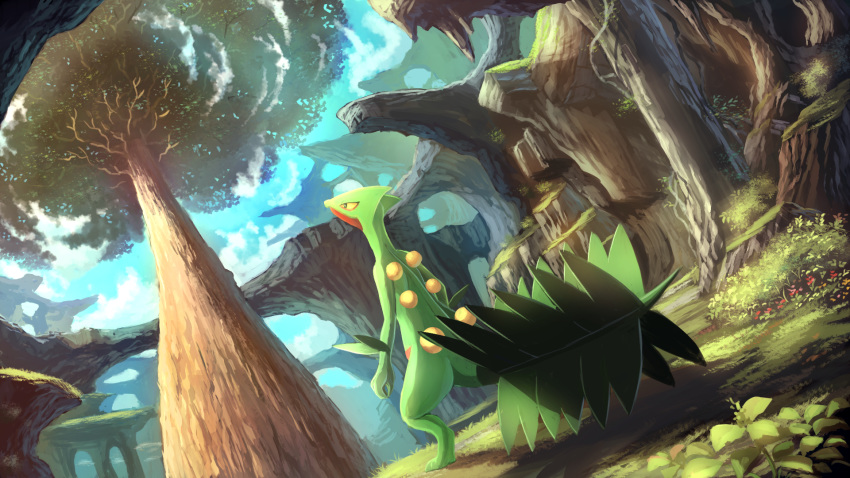 blue_sky cloud commentary creatures_(company) dutch_angle game_freak gen_3_pokemon grass highres karamimame looking_up nintendo no_humans outdoors pokemon pokemon_(creature) scenery sceptile sky solo standing tree