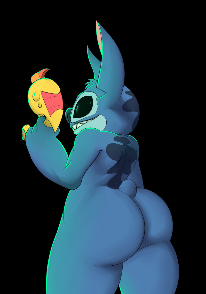 4_fingers absurd_res alien anthro big_butt butt disney experiment_(species) gun hi_res lilo_and_stitch looking_back male notched_ear ranged_weapon simple_background small_tail smile solo stitch teeth vun weapon