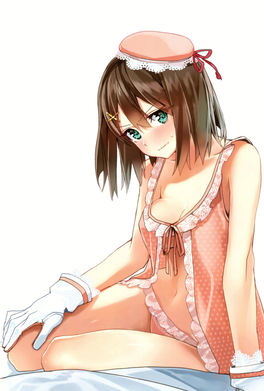 1girl absurdres babydoll bangs bare_shoulders bed_sheet beret blush bow bowtie breasts brown_hair cleavage closed_mouth collarbone eyebrows_visible_through_hair gloves green_eyes hair_ornament hat highres kantai_collection looking_at_viewer maya_(kantai_collection) medium_breasts navel panties polka_dot scan shiny shiny_hair short_hair simple_background solo stomach underwear white_background white_gloves x_hair_ornament yahako