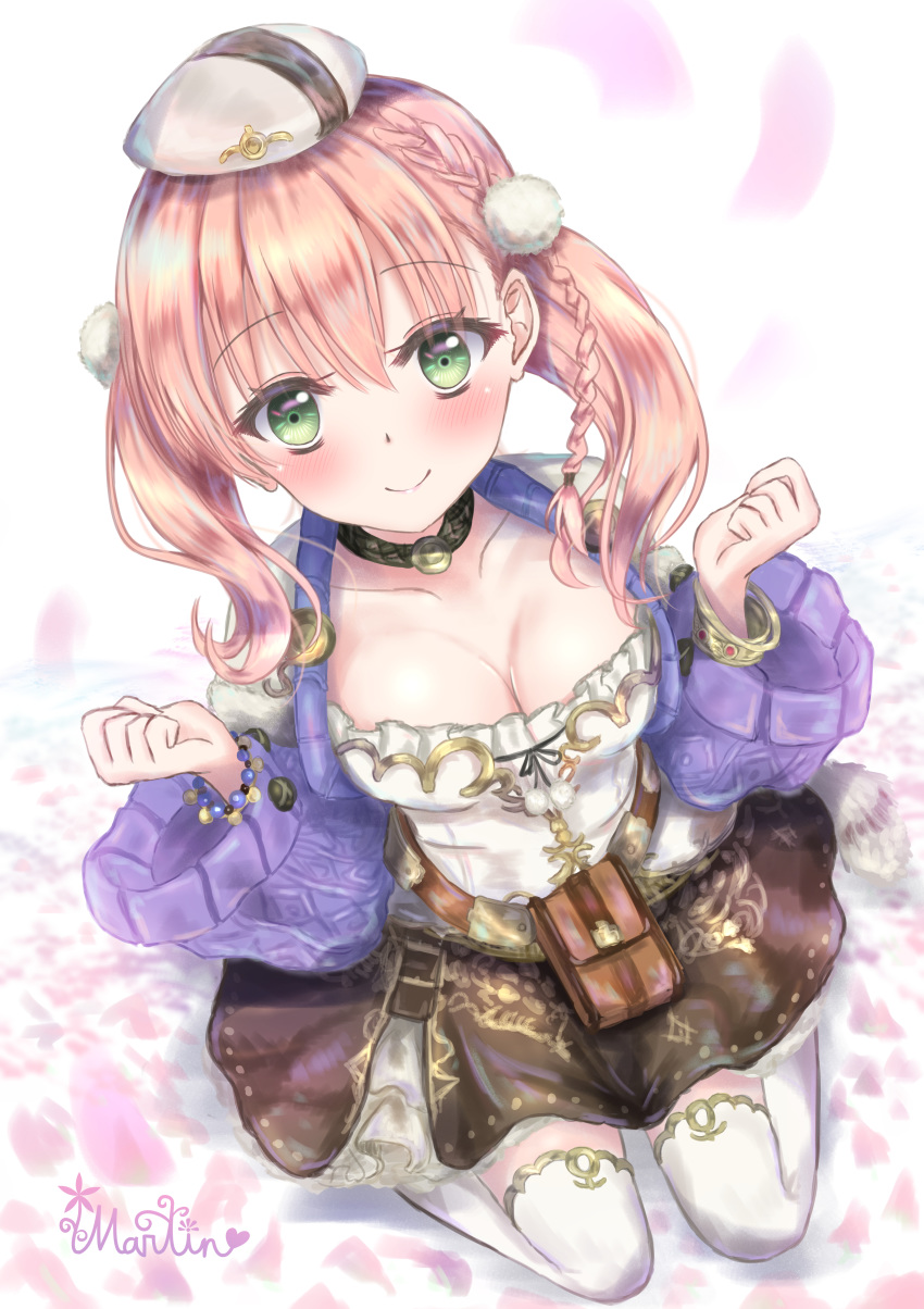 1girl absurdres atelier_(series) atelier_escha_&amp;_logy black_neckwear black_skirt bracelet braid breasts choker cleavage closed_mouth collarbone escha_malier full_body green_eyes hat highres jewelry kneeling looking_at_viewer martinreaction medium_breasts pink_hair purple_sweater short_hair signature simple_background skirt smile solo sweater thighhighs twintails w_arms white_background white_headwear white_legwear