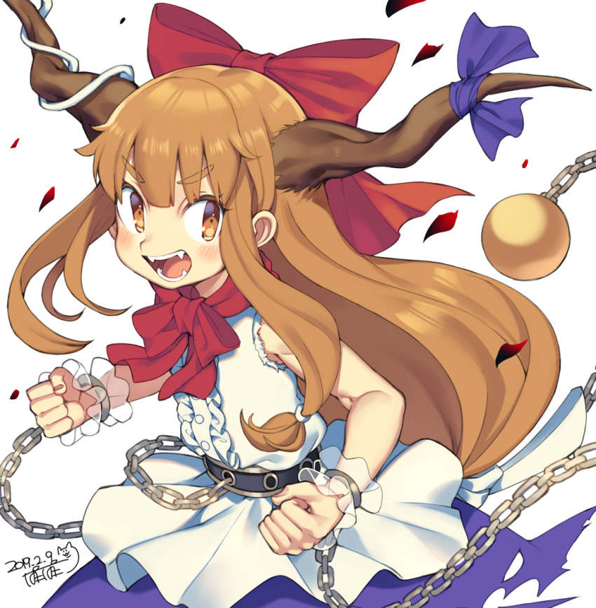 1girl :d bangs belt black_belt blouse blue_skirt blush bow brown_eyes brown_hair center_frills chains clenched_hands commentary_request cowboy_shot cuffs dated eyebrows_visible_through_hair fangs hair_bow horn_ribbon horns ibuki_suika iroyopon long_hair looking_at_viewer oni oni_horns open_mouth petals purple_ribbon red_bow red_neckwear ribbon rose_petals shackles sidelocks signature simple_background skirt sleeveless sleeveless_blouse smile solo sphere touhou very_long_hair white_background white_blouse wrist_cuffs
