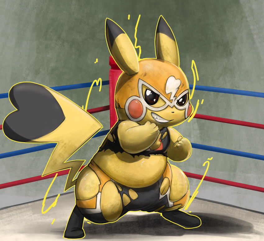 cleft_tail clothing cosplay_pikachu electricity female fighting_stance hi_res lkiws mammal mask nintendo pikachu pikachu_libre pok&eacute;mon pok&eacute;mon_(species) rodent solo spandex tight_clothing torn_clothing video_games