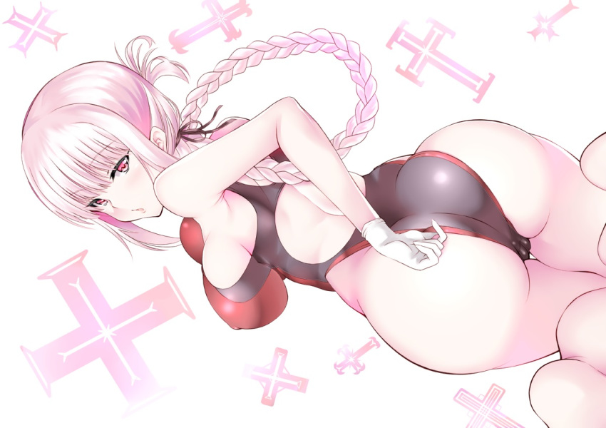 ass braids breasts cameltoe cross daive erect_nipples fate/grand_order fate_(series) florence_nightingale gloves long_hair pink_eyes pink_hair skintight swimsuit white