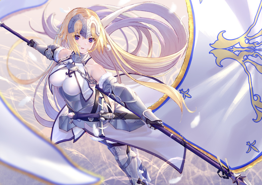 1girl armor armored_dress bangs bare_shoulders blonde_hair blush breasts chains commentary eyebrows_visible_through_hair fate/grand_order fate_(series) feet_out_of_frame from_above gauntlets headpiece highres jeanne_d'arc_(fate) jeanne_d'arc_(fate)_(all) large_breasts long_hair open_mouth purple_eyes sheath sheathed solo standard_bearer standing takubon_(xewh4773) very_long_hair wind