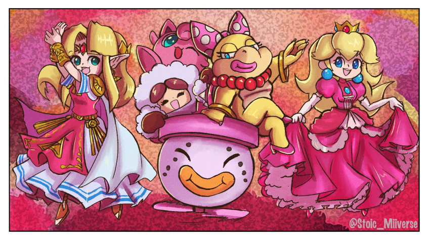 1other 4girls artist_name blonde_hair blue_eyes bracelet bracer brown_hair coat creatures_(company) crown dress elbow_gloves eyelashes fur_trim game_freak gen_1_pokemon gloves highres hood hood_up ice_climber jewelry jigglypuff mario_(series) mini_crown multiple_girls nana_(ice_climber) nintendo one_eye_closed open_mouth pink_dress pokemon princess_peach princess_zelda puffy_short_sleeves puffy_sleeves short_sleeves smile stoic_miiverse super_mario_bros. super_smash_bros. the_legend_of_zelda tiara twitter_username wendy_o._koopa white_background winter_clothes winter_coat