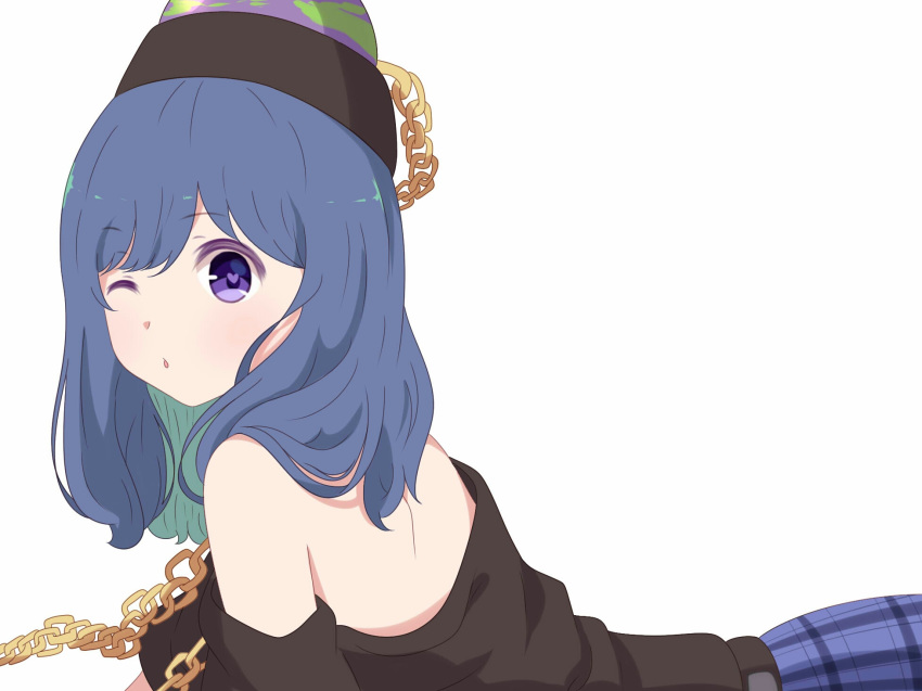 1girl bangs bare_shoulders belt black_belt black_shirt blue_hair blue_skirt blush breasts chains commentary_request earth_(ornament) eyebrows_visible_through_hair green_hair heart heart-shaped_pupils hecatia_lapislazuli hecatia_lapislazuli_(earth) highres long_hair looking_at_viewer lying medium_breasts multicolored_hair off-shoulder_shirt off_shoulder on_stomach one_eye_closed parted_lips plaid plaid_skirt polos_crown purple_eyes shirt short_sleeves simple_background skirt solo symbol-shaped_pupils touhou upper_body white_background yukome