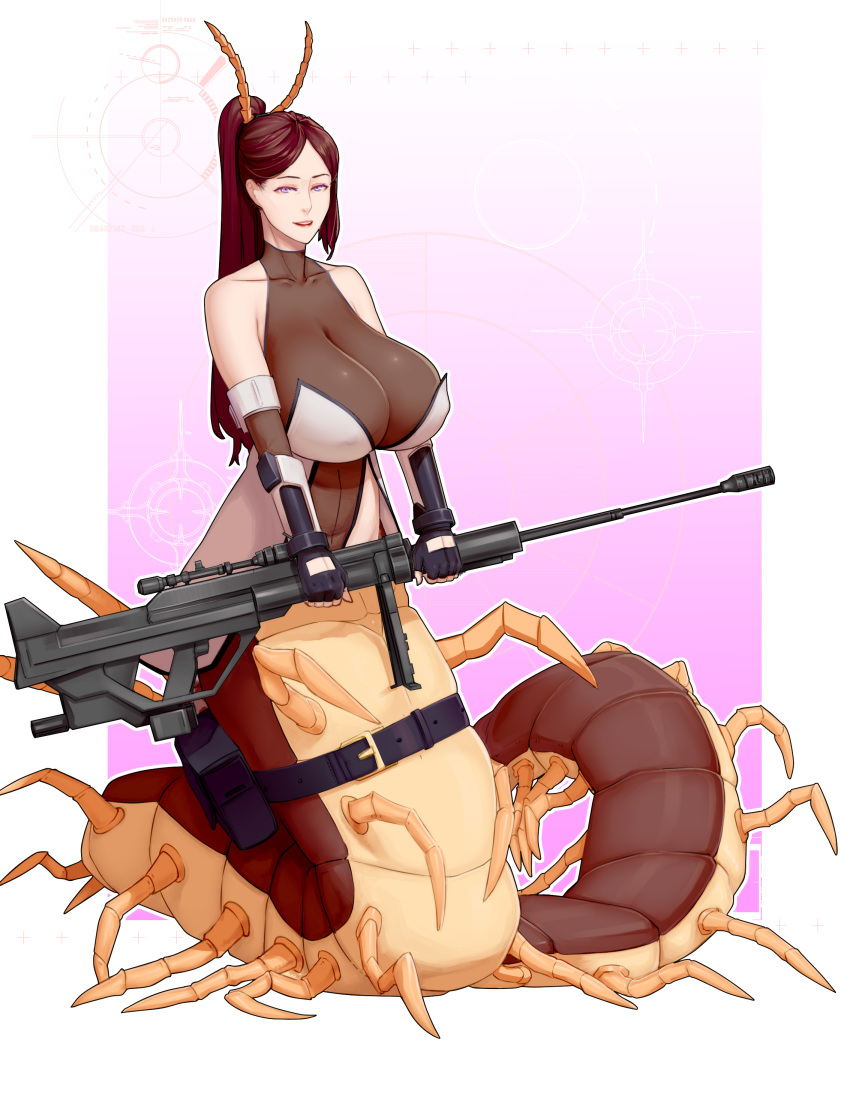 absurd_res animal_humanoid antennae_(anatomy) armwear arthropod arthropod_humanoid arthropod_taur belt big_breasts breasts brown_exoskeleton centipede centipede_humanoid centipede_taur cleavage clothed clothing elbow_gloves exoskeleton fingerless_gloves full-length_portrait gloves gun hair half-closed_eyes hi_res humanoid looking_at_viewer materclaws multi_limb myriapod myriapod_humanoid myriapod_taur nipple_outline open_mouth open_smile pink_lips portrait ranged_weapon red_hair rifle simple_background smile tan_exoskeleton taur tied_hair translucent translucent_clothing utility_belt weapon white_background