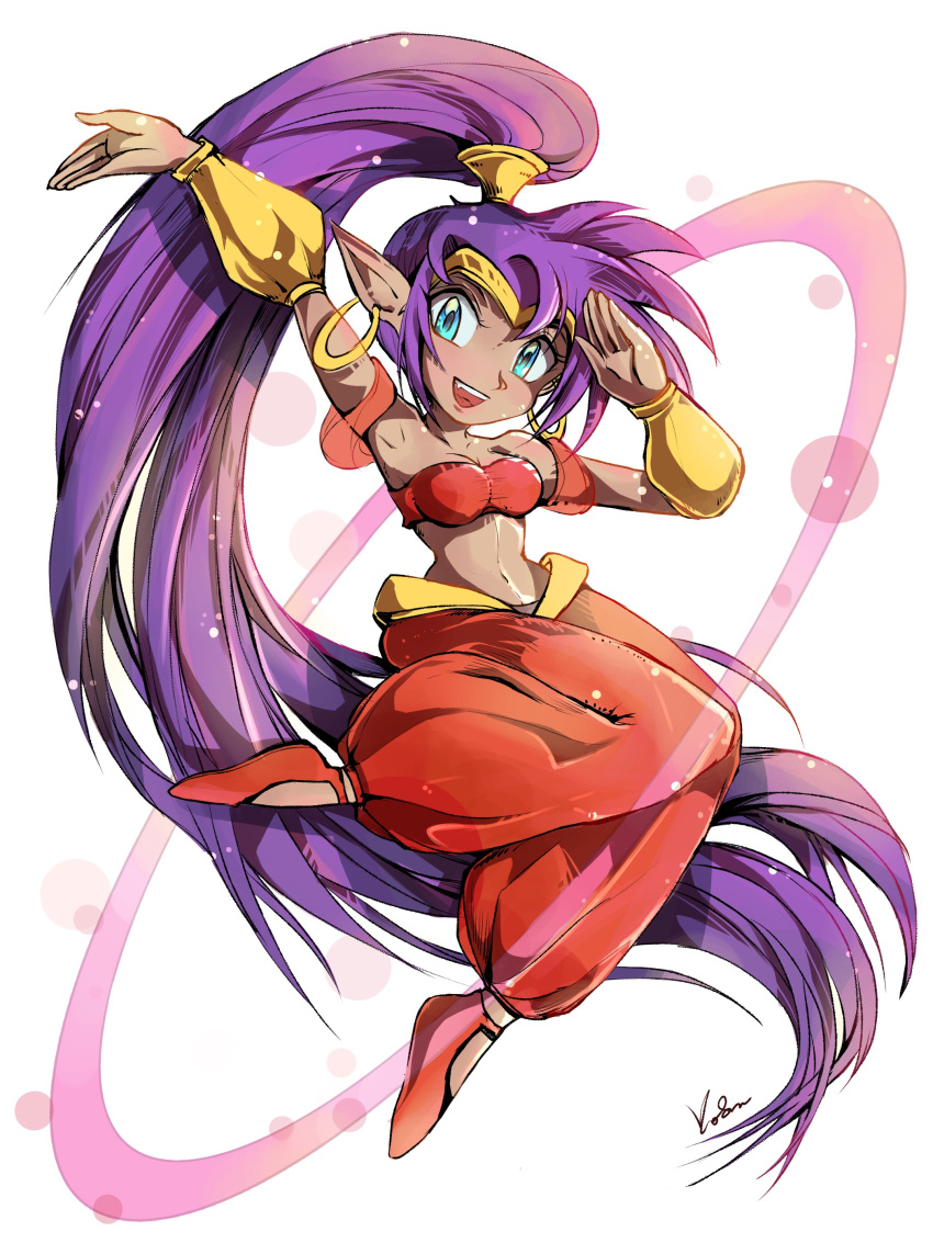 2019 absurd_res blue_eyes breasts capcom clothing dark_skin female footwear genie hair hi_res humanoid long_hair nikoyosan not_furry pointy_ears ponytail purple_hair shantae shantae_(series) signature solo video_games wayforward