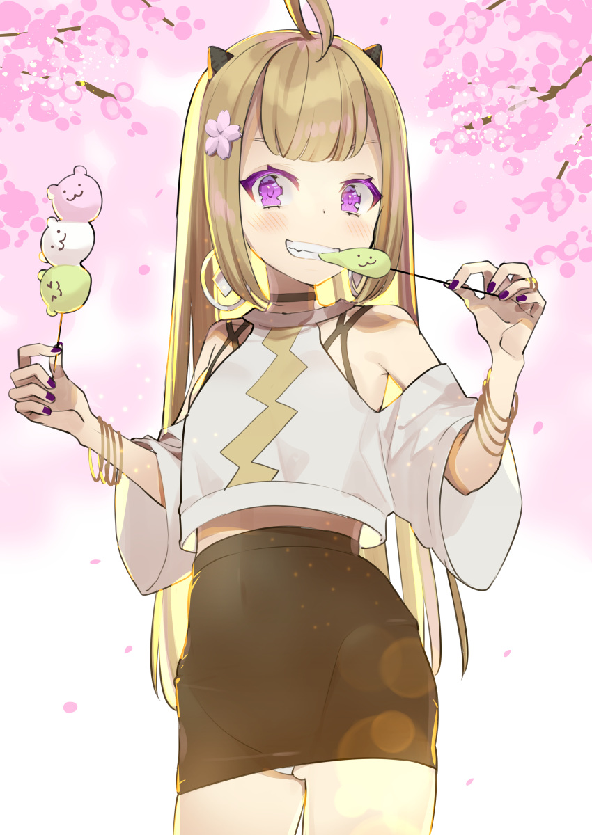 1girl absurdres ahoge bangle bangs bracelet brown_hair brown_skirt cherry_blossoms dango eating eyebrows_behind_hair fingernails flower food food_in_mouth gluteal_fold grin hair_flower hair_ornament highres holding holding_food horns jewelry long_hair long_sleeves nail_polish omucchan_(omutyuan) original panties pencil_skirt pink_flower purple_eyes purple_nails sanshoku_dango shirt shoulder_cutout skirt smile solo tree_branch underwear very_long_hair wagashi white_panties white_shirt wide_sleeves