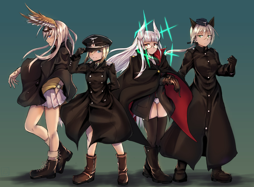 4girls absurdres adjusting_clothes adjusting_gloves adjusting_hat animal_ears bird_ears black_gloves black_legwear blonde_hair blue_eyes boots bra brown_bra clenched_hand coat dog_ears erica_hartmann facial_scar garrison_cap glasses gloves goggles goggles_on_head green_background hanna-justina_marseille hanna_rudel hat head_wings heidimarie_w_schnaufer highres hirschgeweih_antennas long_hair looking_at_viewer multiple_girls necktie nose_scar overcoat panties pondo_(yuikedameiveloci) ponytail red_eyes scar short_hair silver_hair skirt smirk solo strike_witches tail_feathers thighhighs underwear white_panties world_witches_series