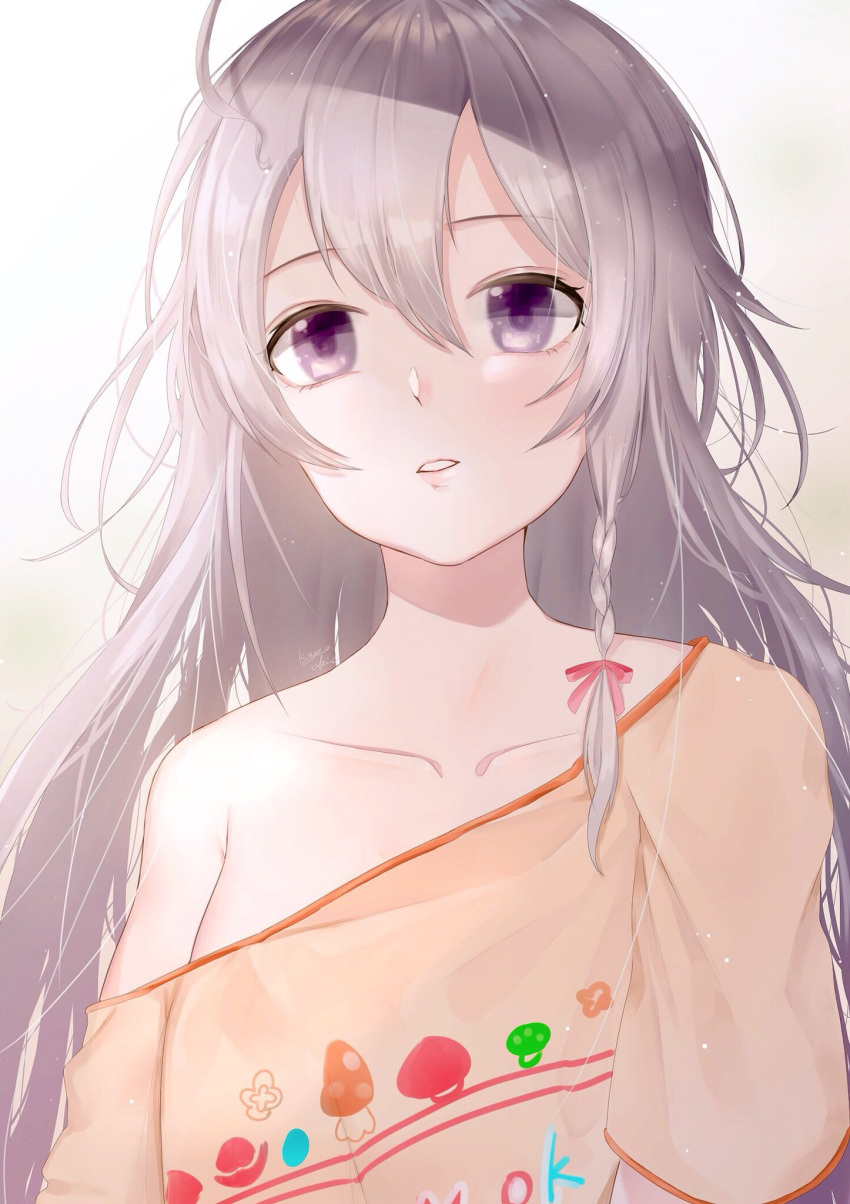 1girl ahoge braid collarbone hair_between_eyes hair_over_shoulder hair_ribbon highres hoshi_shouko idolmaster idolmaster_cinderella_girls koyo_akio long_hair off-shoulder_shirt off_shoulder orange_shirt parted_lips pink_ribbon print_shirt purple_eyes ribbon shiny shiny_hair shirt short_sleeves silver_hair single_braid solo upper_body very_long_hair white_background