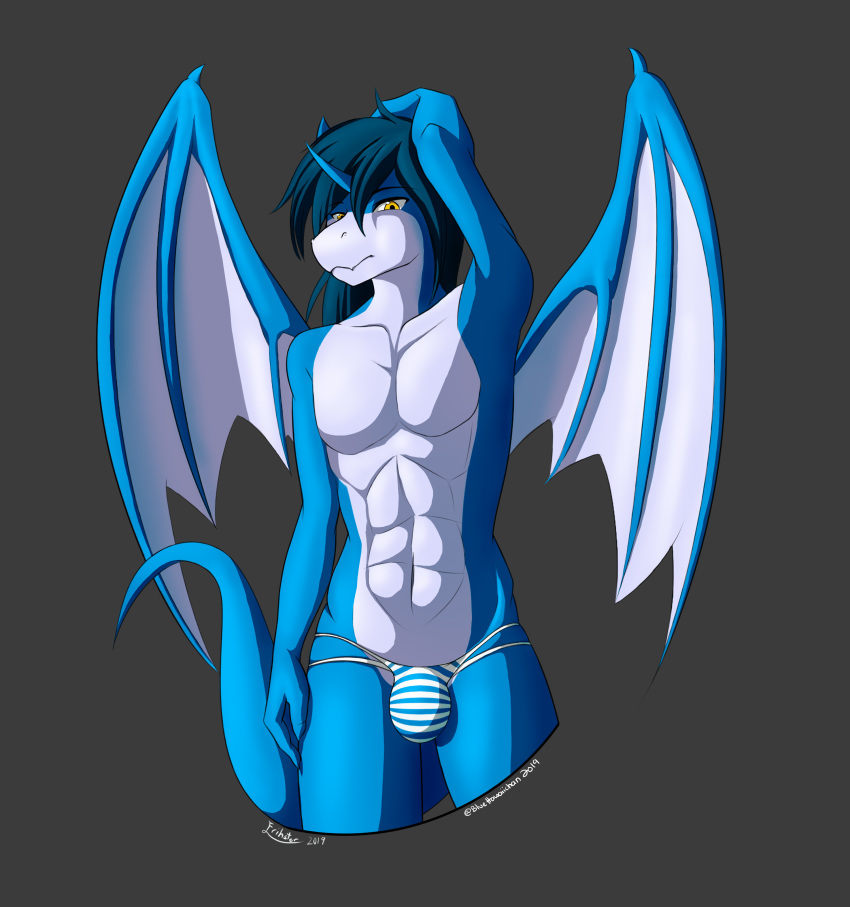 2019 abs absurd_res anthro barazoku blue_hair blue_skin bluehawaiichan bulge clothing dragon frihster hair hi_res horn male mammal muscular underwear wings