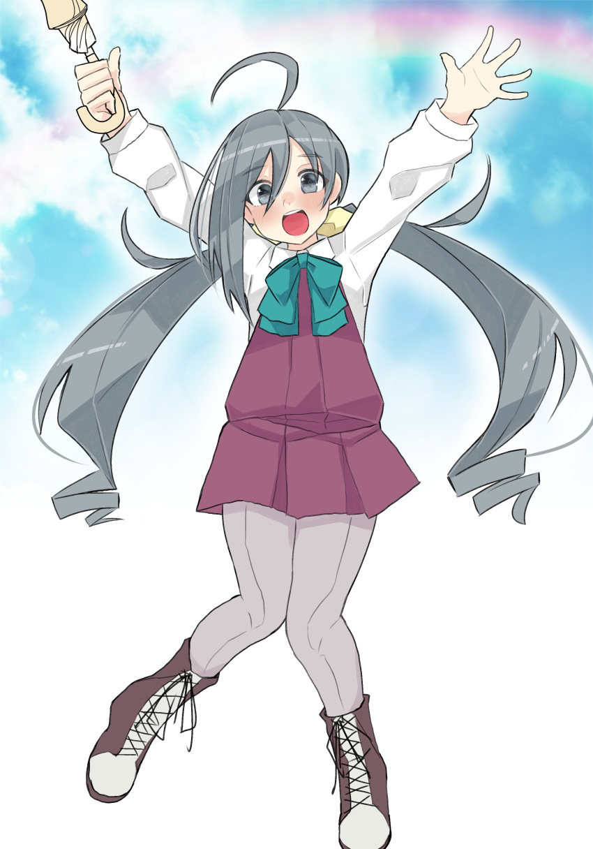 1girl absurdres ahoge arms_up blue_sky boots bow bowtie cloud commentary_request cross-laced_footwear dokuganryuu dress grey_eyes grey_hair grey_legwear hair_between_eyes hair_bun halterneck highres kantai_collection kiyoshimo_(kantai_collection) lace-up_boots long_hair low_twintails open_mouth pantyhose round_teeth school_uniform shirt sky sleeveless sleeveless_dress smile solo teeth twintails umbrella upper_teeth very_long_hair white_shirt