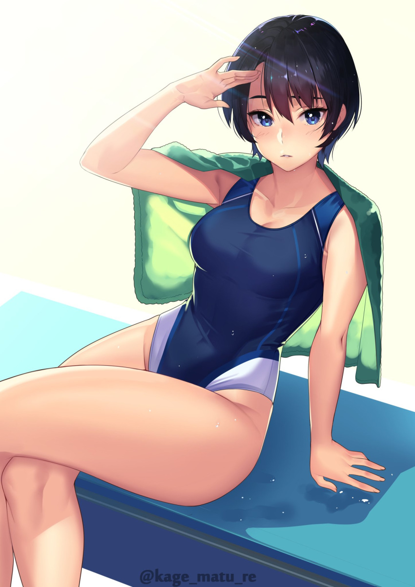 1girl adjusting_hair black_hair blue_eyes blue_swimsuit commentary_request competition_swimsuit feet_out_of_frame green_towel highres kagematsuri legs_crossed light_rays looking_at_viewer one-piece_swimsuit original shadow short_hair simple_background sitting solo sunbeam sunlight swimsuit towel towel_around_neck twitter_username white_background