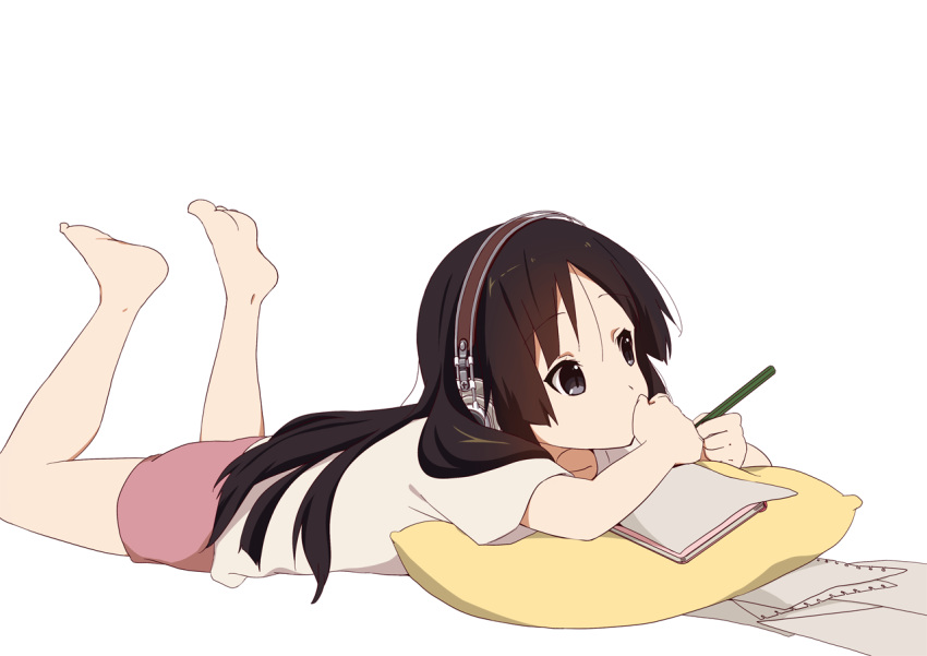 1girl akiyama_mio black_eyes black_hair book feet k-on! komugiko long_hair lying pen short simple_background white_background