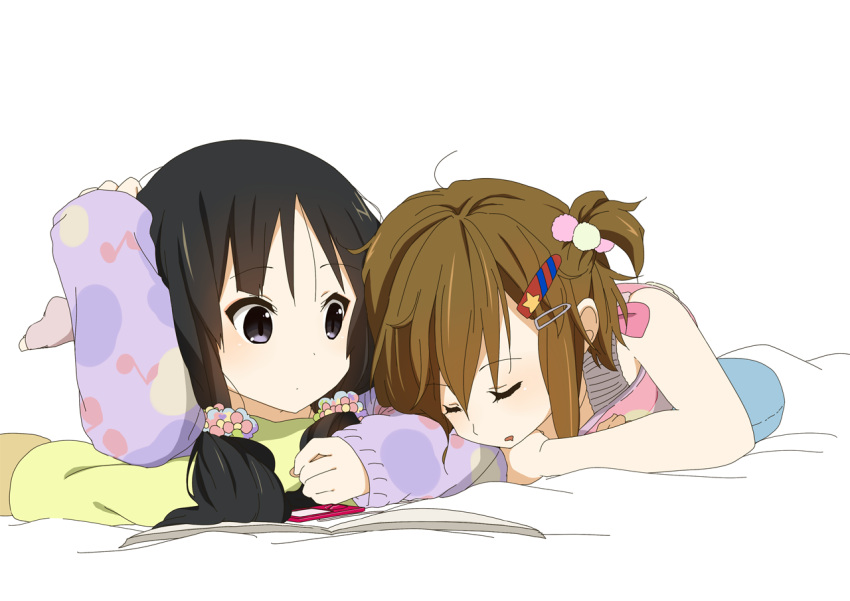 2girls akiyama_mio black_eyes black_hair book brown_hair drooling hair_ornament k-on! komugiko long_hair multiple_girls scrunchie short_hair sleeping tainaka_ritsu yuri