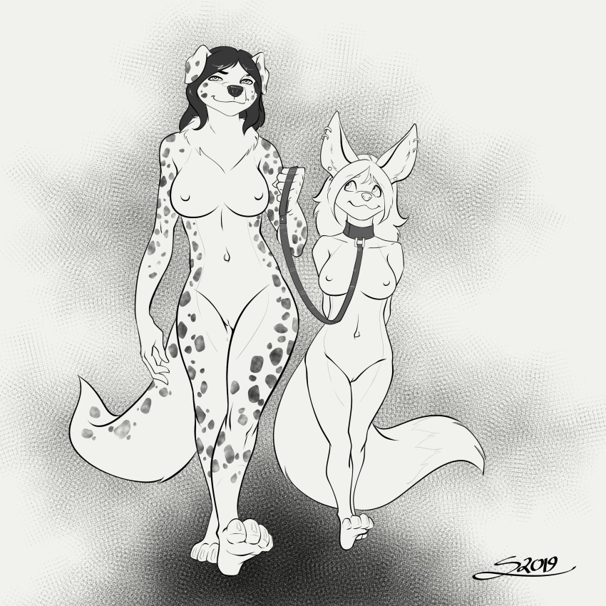 1:1 5_fingers absurd_res anthro belladonna_van_eycker blue_eyes blush breasts canid canine claws collar collared_girl dipstick_tail female fennec fox fur greyscale hair heterochromia hi_res leash leashed_girl looking_at_viewer mammal mink monochrome multicolored_tail mustelid musteline nipples paws piercing pink_nose rose_dandy-ba smile spots ssninc submissive tan_fur to_be_colored walkies white_fur white_hair yellow_eyes