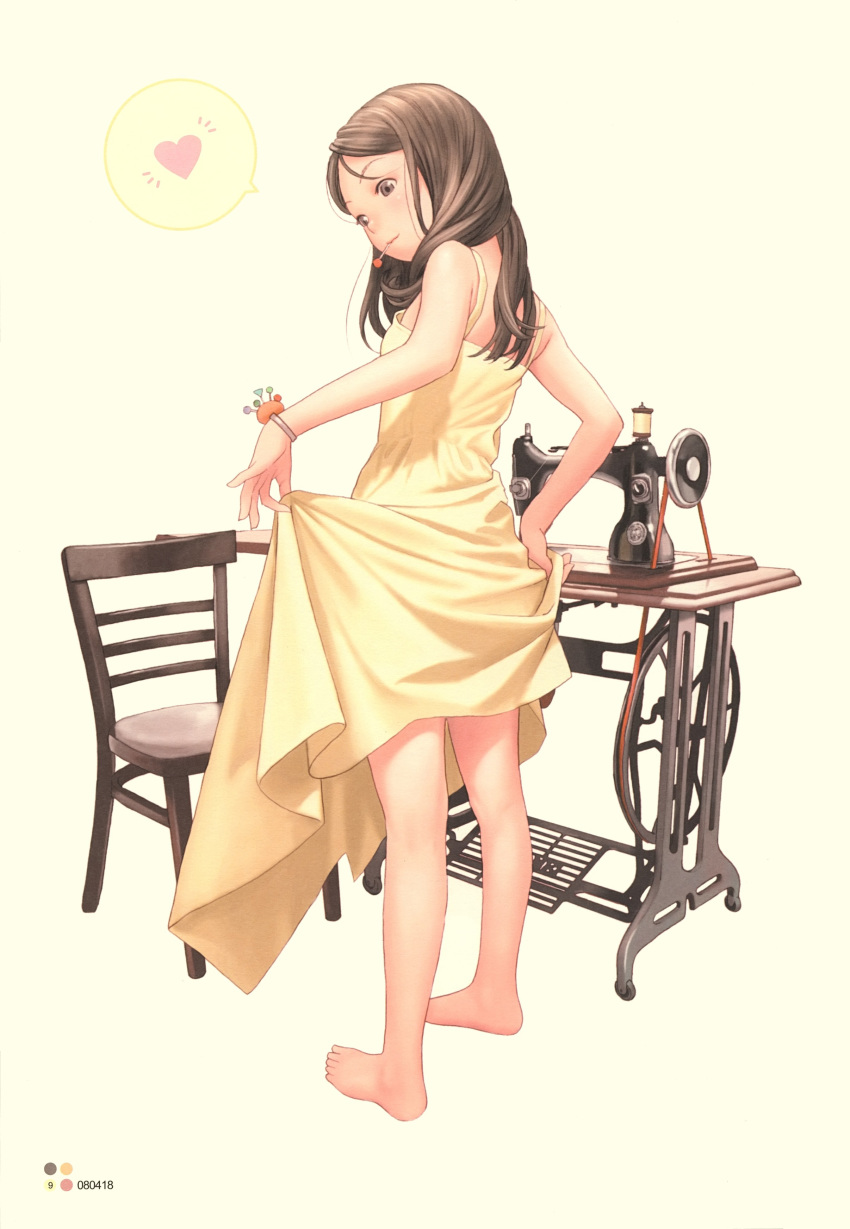 1girl absurdres brown_eyes brown_hair chair dress heart highres long_hair murata_renji sewing_machine skirt skirt_lift summer_dress