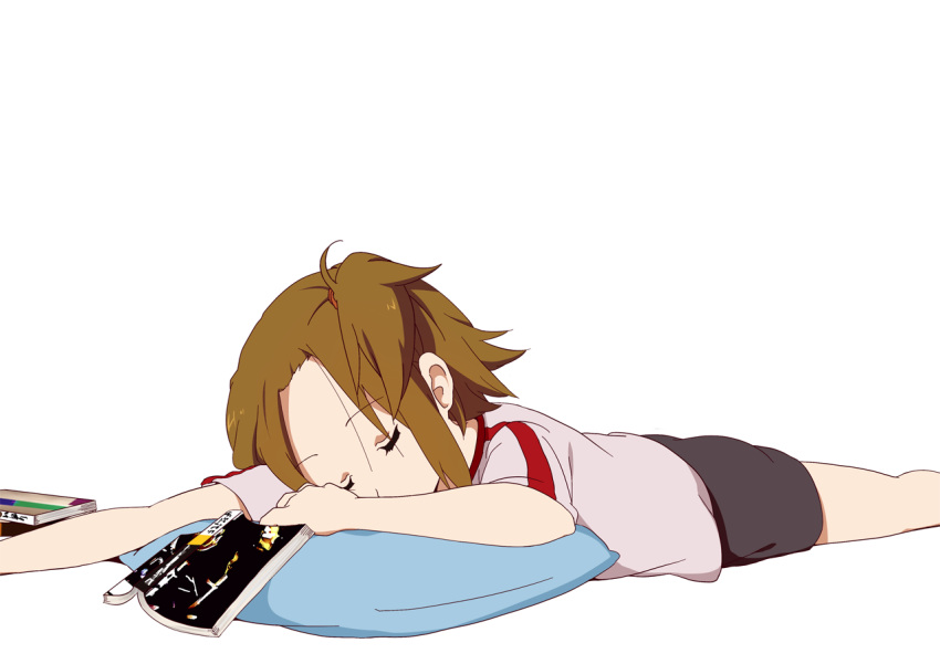 1girl book brown_hair k-on! komugiko lying short short_hair simple_background sleeping tainaka_ritsu white_background