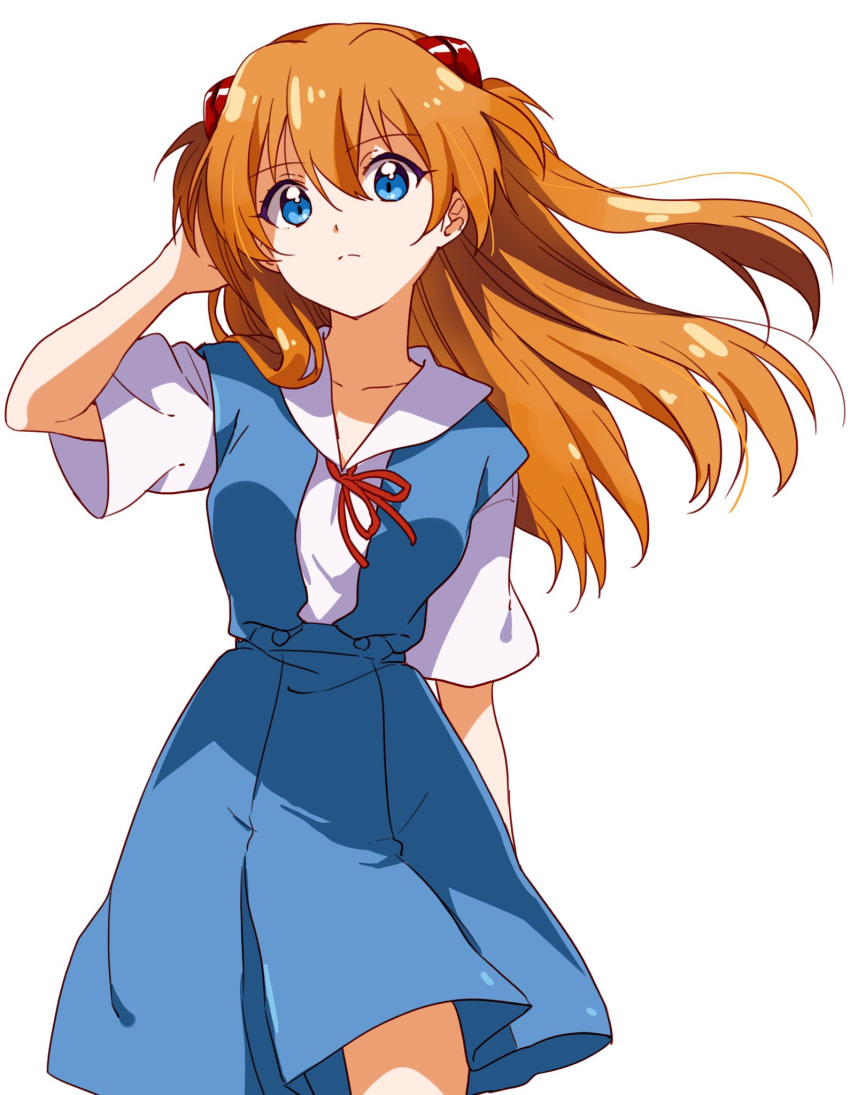 1girl blue_eyes blue_skirt expressionless hair_between_eyes hand_on_own_head headgear highres long_hair namori neon_genesis_evangelion orange_hair red_ribbon ribbon school_uniform shirt short_sleeves skirt soryu_asuka_langley suspenders white_shirt