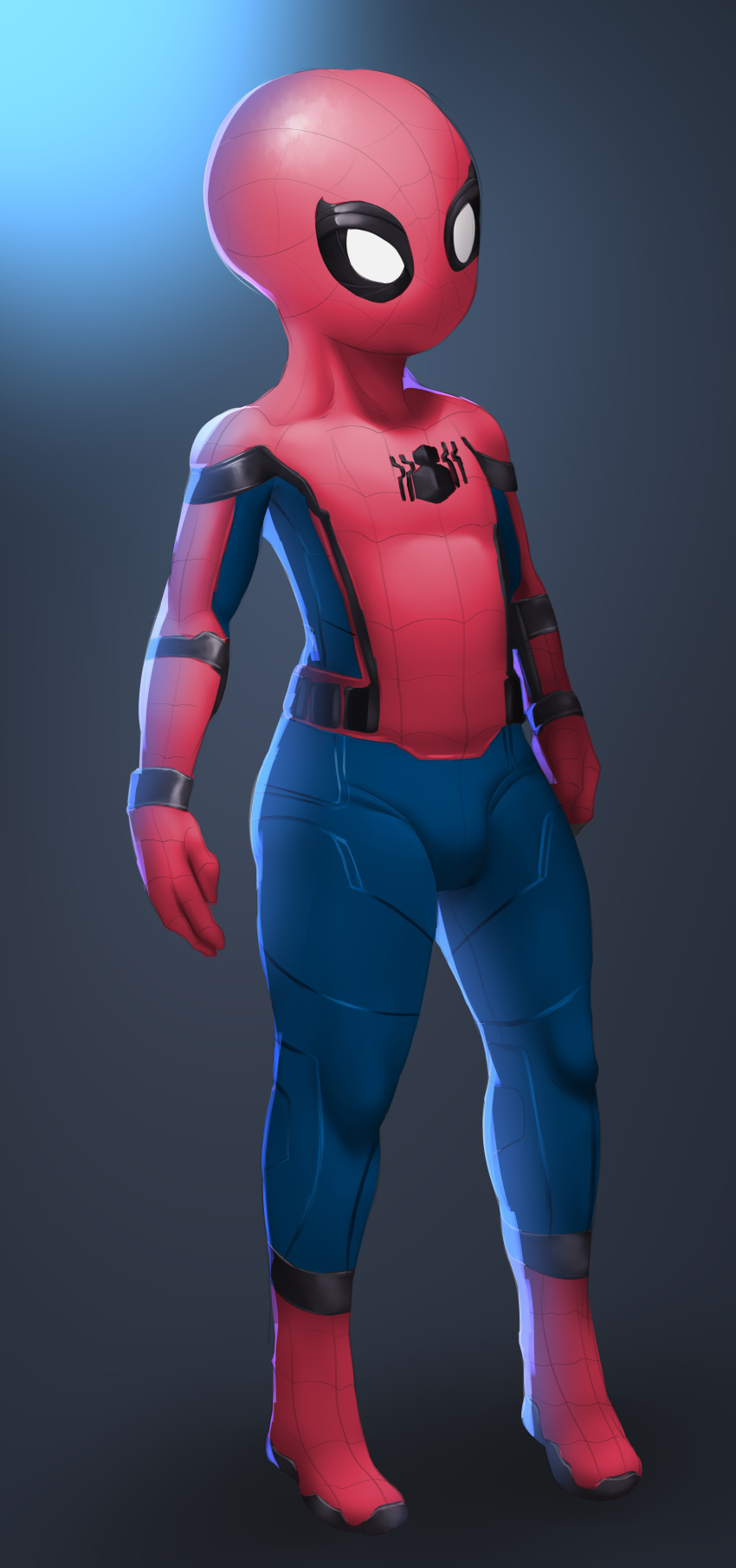 1boy absurdres bleachedleaves bug bulge formal full_body highres huge_filesize mask mcu peter_parker simple_background solo spider spider-man spider-man_(series) standing suit superhero young