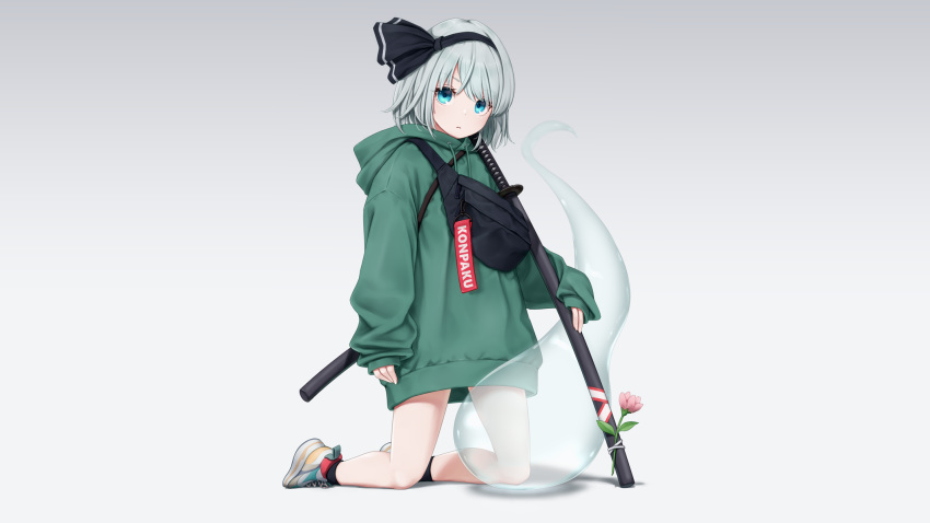 aqua_eyes dtvisu flowers gradient gray_hair headband hoodie katana konpaku_youmu myon short_hair sword touhou weapon