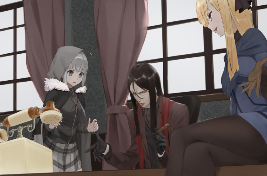 1boy 2girls armchair bangs black_hair black_legwear blonde_hair blue_eyes cape chair cigar collared_shirt curtains eyebrows_visible_through_hair fate/grand_order fate_(series) gray_(lord_el-melloi_ii) green_eyes grey_hair highres hood indoors legs_crossed long_hair long_sleeves looking_at_another lord_el-melloi_ii lord_el-melloi_ii_case_files multiple_girls new970 pantyhose phone pleated_skirt reines_el-melloi_archisorte scarf shirt sidelocks sitting skirt straight_hair waver_velvet window