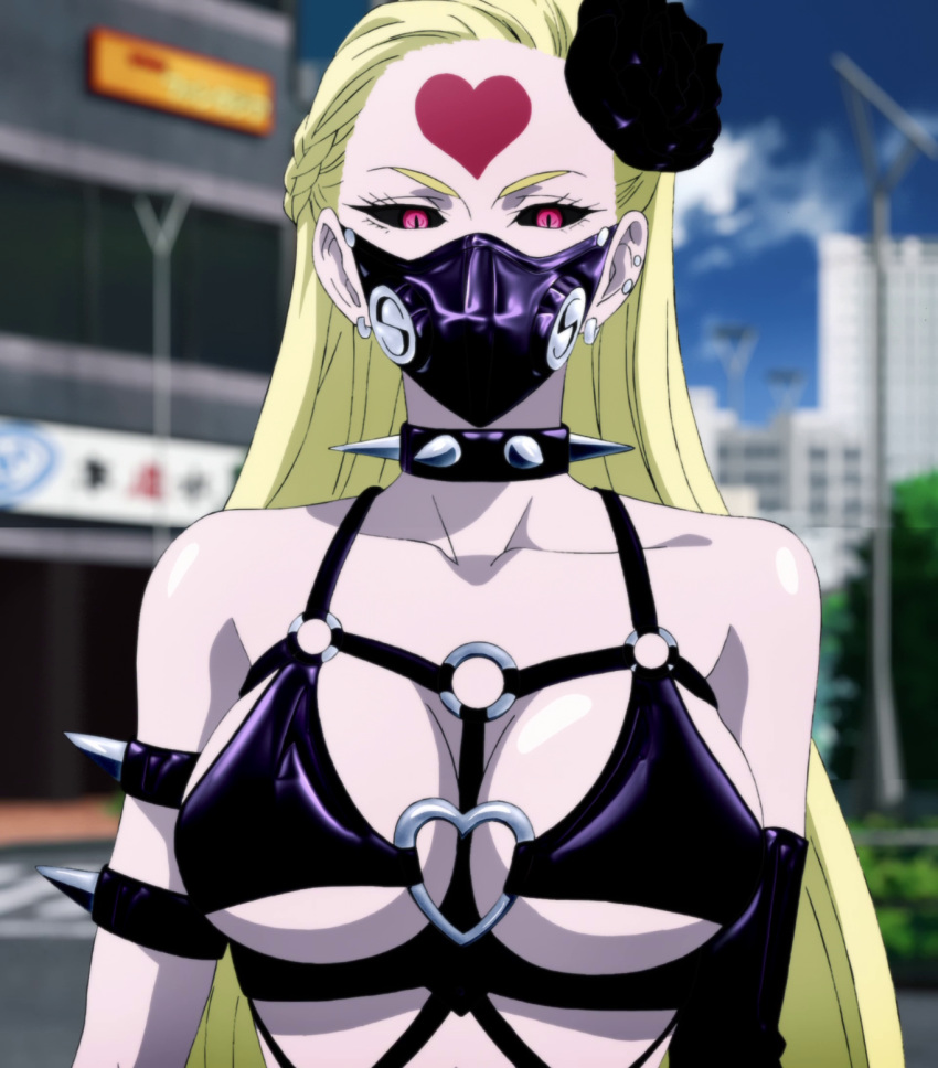 1girl bare_shoulders bdsm black_sclera blonde_hair bondage_outfit breasts cleavage collar facial_mark flower forehead_mark gloves hair_ornament heart heart_ring heart_ring_top highres kaijin_hime_do-s large_breasts long_hair mask o-ring one-punch_man red_eyes revealing_clothes screencap spiked_collar spikes stitched third-party_edit