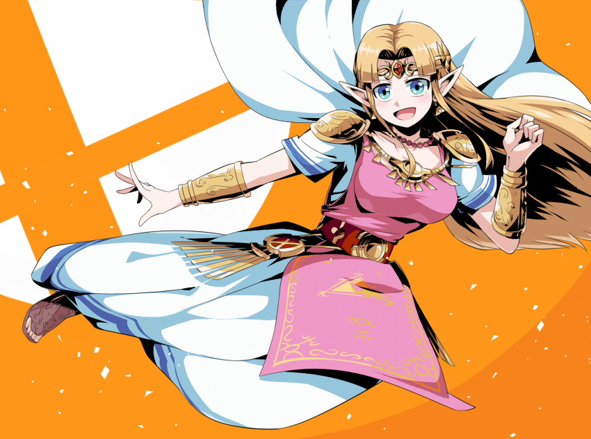 1girl :d bead_necklace beads blonde_hair blue_eyes bracer breasts brown_footwear cape dress earrings gem hair_intakes highres jewelry long_hair looking_at_viewer medium_breasts necklace nintendo open_mouth orange_background pointy_ears princess princess_zelda short_sleeves shoulder_pads smile solo straight_hair super_smash_bros. suzusiigasuki tabard the_legend_of_zelda the_legend_of_zelda:_a_link_between_worlds tiara triforce white_cape white_dress