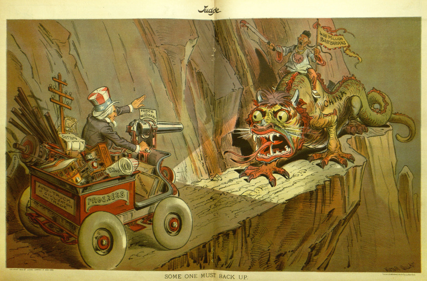 1900 ambiguous_gender asian_mythology auto-truck_of_civilization_and_trade bared_teeth beard blood book boxers_(group) bridge cannon claws cliff clothed clothing cotton dragon east_asian_mythology eastern_dragon english_text facial_hair fangs feral forked_tongue fully_clothed group hat headgear headlights headwear horn human male mammal melee_weapon musical_instrument mythology open_mouth outside piano political_cartoon politics ponytail ranged_weapon riding steam_locomotive sword teeth text toe_claws tongue traditional_media_(artwork) train trolley truck uncle_sam utility_pole vehicle victor_gillam weapon whiskers