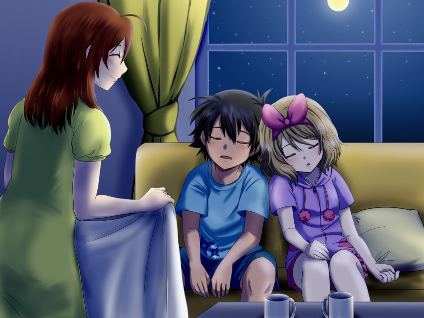 1boy 2girls ahoge black_hair blue_shirt blue_shorts bow brown_hair creatures_(company) curtains dress eyes_closed game_freak hair_bow hairband hanako_(pokemon) hatsuru_826 highres indoors long_hair moon multiple_girls nintendo open_mouth pillow pink_bow pink_hairband pink_shirt pink_shorts pokemon satoshi_(pokemon) serena_(pokemon) shirt short_hair short_shorts short_sleeves shorts sitting sky sleeping smile star_(sky) starry_sky window yellow_dress