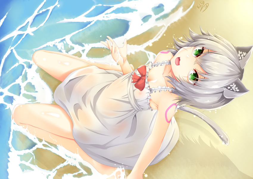 animal_ears beach cat_smile catgirl dress fate/apocrypha fate/grand_order fate_(series) gray_hair green_eyes jack_the_ripper kana616 nipples see_through short_hair signed summer_dress tail tattoo water wet