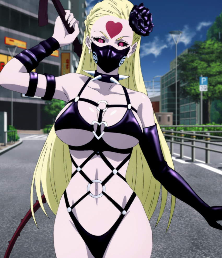 1girl bare_shoulders bdsm black_sclera blonde_hair bondage_outfit breasts cleavage collar facial_mark flower forehead_mark gloves hair_ornament harness heart heart_ring heart_ring_top highres kaijin_hime_do-s large_breasts long_hair mask navel o-ring one-punch_man red_eyes revealing_clothes screencap spiked_collar spikes stitched third-party_edit whip