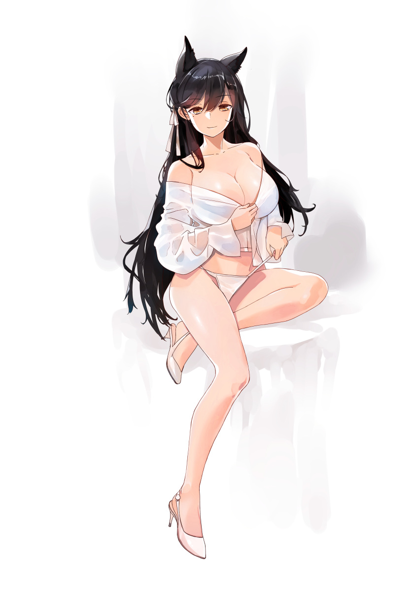 1girl absurdres alternate_costume animal_ears atago_(azur_lane) azur_lane bare_legs bare_shoulders black_hair breasts cleavage collarbone enjo-sen eyebrows_visible_through_hair full_body hair_ribbon high_heels highres large_breasts legs_crossed long_hair long_sleeves looking_at_viewer midriff mole mole_under_eye off_shoulder orange_eyes panties ribbon see-through shirt side-tie_panties simple_background sitting smile solo underwear untied untied_panties white_background white_footwear white_panties