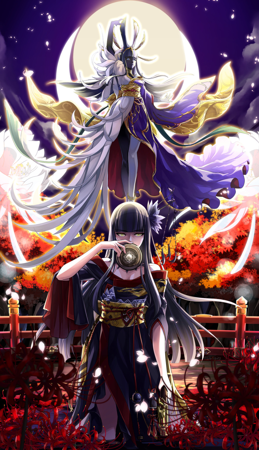 2girls absurdres anklet arm_up black_hair blue_eyes bridge cherry_blossoms crescent_moon dark_persona final_fantasy final_fantasy_xiv floating flower gold_trim gun hair_flower hair_ornament hand_up highres hime_cut holding holding_gun holding_weapon japanese_clothes jewelry kanzashi kimono kuroshio_maki legs long_hair looking_at_viewer looking_down moon multicolored_hair multiple_girls obi off-shoulder_kimono petals railing robe sash sidelocks spider_lily tassel tsukuyomi_(ff14) two-tone_hair very_long_hair weapon white_hair yellow_eyes yotsuyu_(ff14)