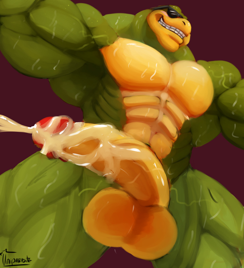 amphibian anthro balls battletoads big_penis cum cum_on_penis cumshot ejaculation erection eyewear frog glans hands-free hi_res huge_muscles humanoid_penis male muscular muscular_male nude orgasm penis rareware rash_(battletoads) red_glans retracted_foreskin smile solo standing sunglasses sweat toad_(frog) uncut uniparasite vein veiny_muscles veiny_penis video_games yellow_balls yellow_penis