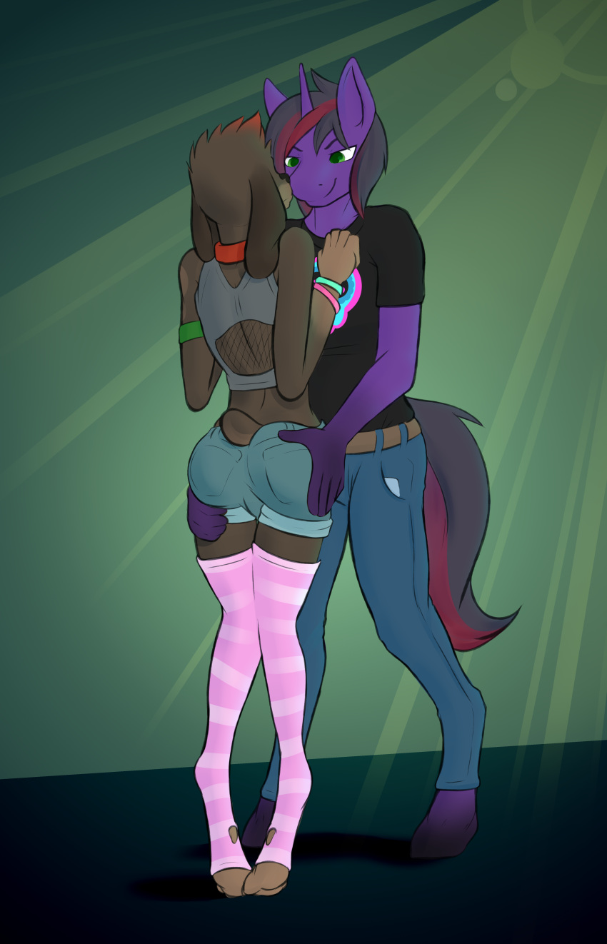absurd_res anthro canid canine canis clothing collar domestic_dog duo equid fan_character green_eyes grope hi_res horn legwear male male/male mammal my_little_pony paoguu simple_background slimshod socks standing unicorn