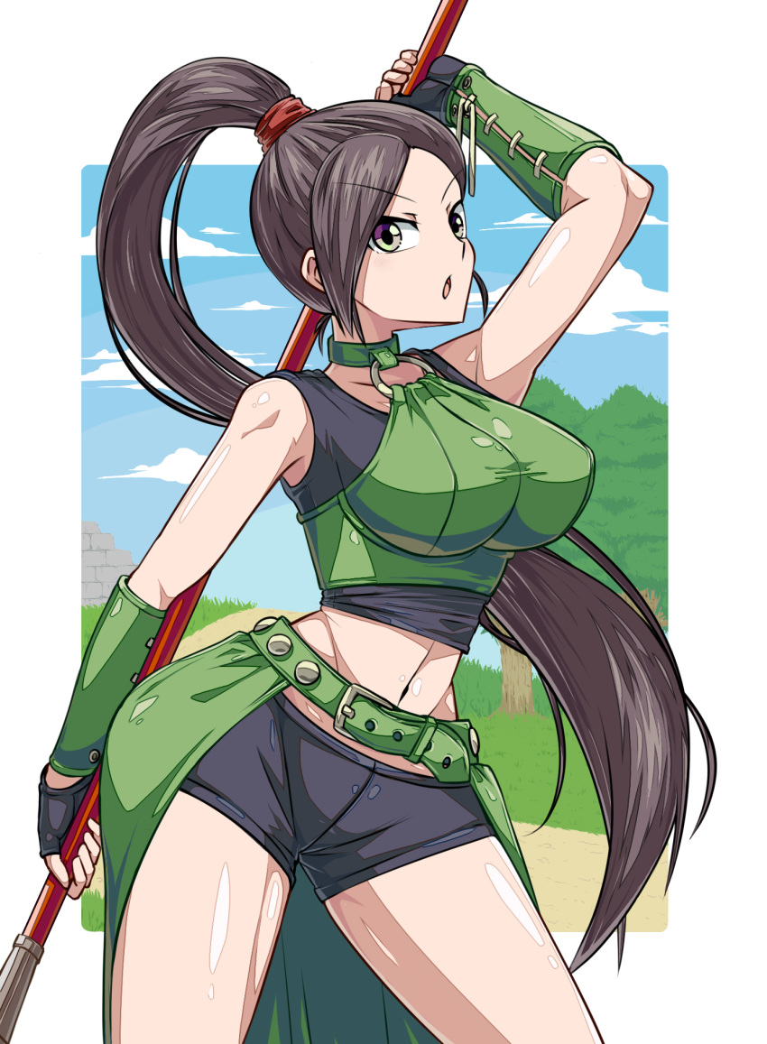1girl arm_up bare_shoulders bike_shorts black_gloves black_hair blue_sky breasts choker cloud cowboy_shot day dragon_quest dragon_quest_xi eyebrows_visible_through_hair fingerless_gloves gloves green_choker halterneck high_ponytail highres holding holding_weapon large_breasts legs_apart long_hair martina_(dq11) naginata navel o-ring o-ring_top open_mouth outdoors overskirt polearm ponytail purple_eyes sky solo suzusiigasuki v-shaped_eyebrows very_long_hair weapon