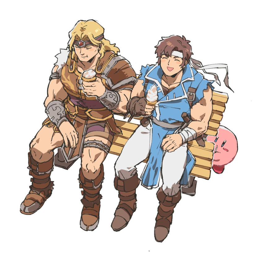 akiyoku armor belt blonde_hair blue_eyes brown_hair cape castlevania castlevania:_rondo_of_blood eating eyes_closed food gloves headband highres ice_cream kirby kirby_(series) long_hair male_focus multiple_boys muscle nintendo open_mouth richter_belmondo short_hair simon_belmondo smile super_smash_bros. weapon