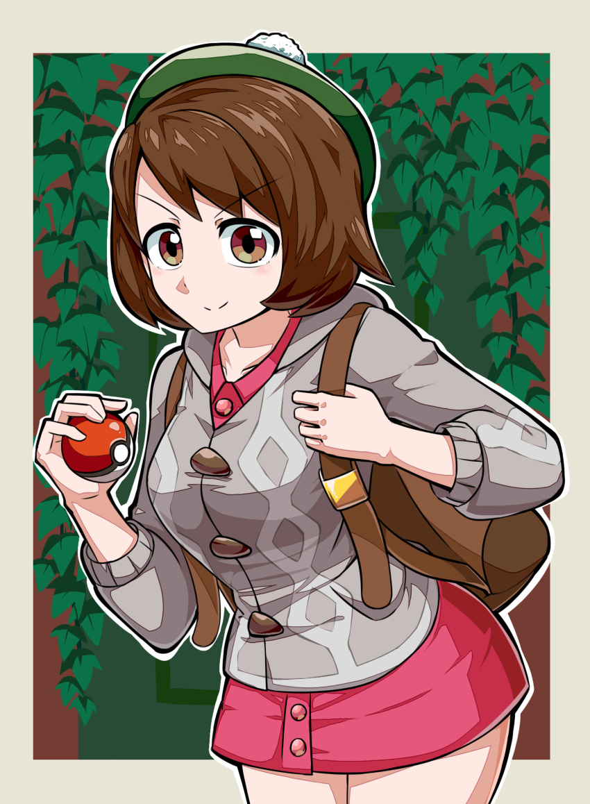 1girl backpack bag breasts brown_eyes brown_hair buttons cardigan closed_mouth collared_dress cowboy_shot creatures_(company) dress eyebrows_visible_through_hair female_protagonist_(pokemon_swsh) game_freak green_headwear grey_cardigan hat highres holding holding_poke_ball legs_together looking_at_viewer medium_breasts nintendo outline pink_dress poke_ball poke_ball_(generic) pokemon pokemon_(game) pokemon_swsh short_dress short_hair smile solo suzusiigasuki tam_o'_shanter white_outline