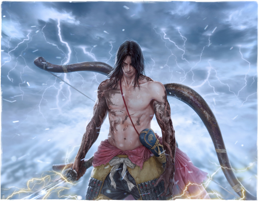 1boy armor artist_name ashina_genichirou black_hair bow_(weapon) clenched_hand facial_hair holding holding_sword holding_weapon japanese_armor jdori lightning male_focus navel outdoors scar sekiro:_shadows_die_twice standing stubble sword weapon