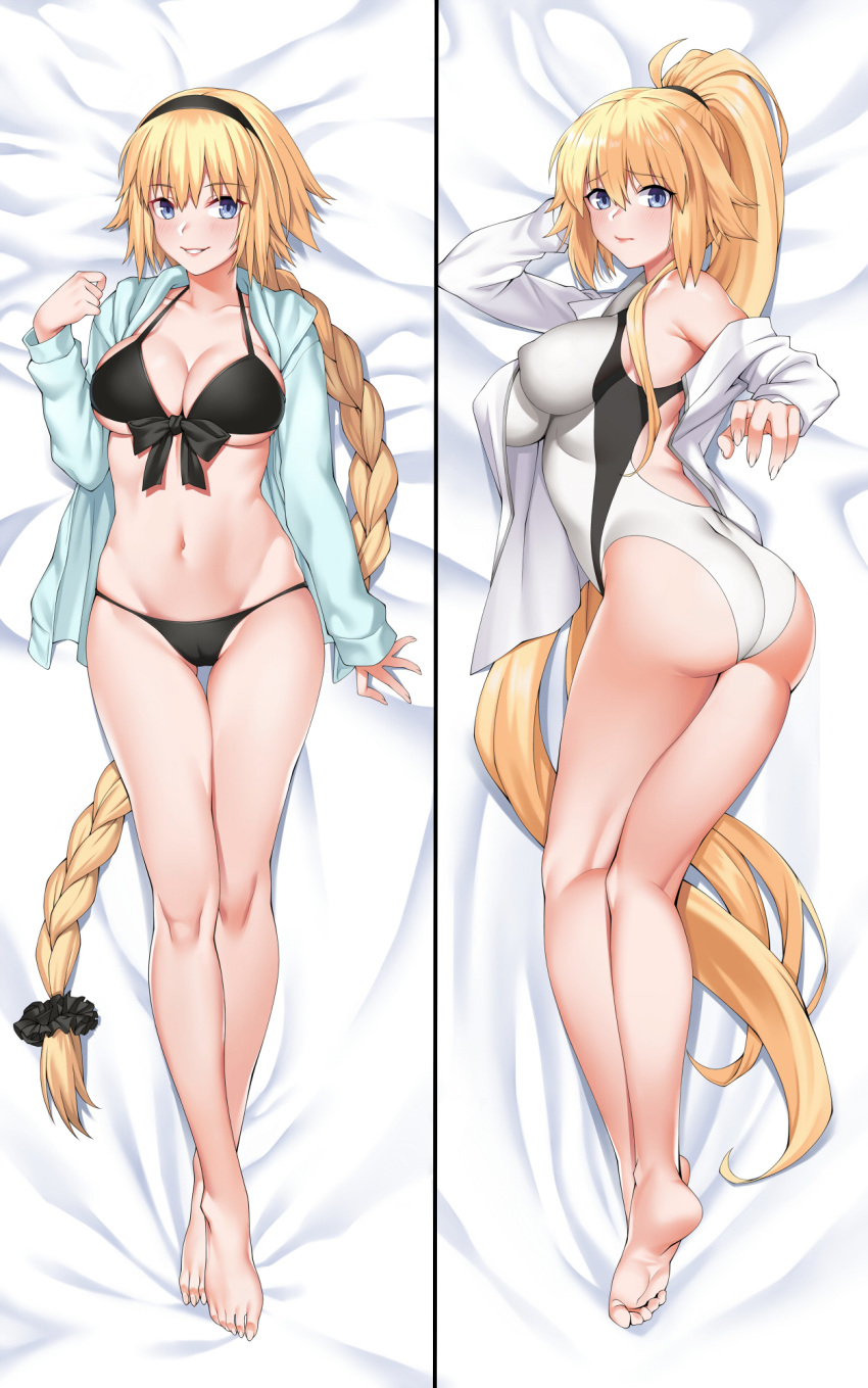 1girl ass bangs bare_legs bare_shoulders barefoot bed_sheet bikini black_bikini black_scrunchie blonde_hair blue_eyes blush braid breasts cameltoe cleavage closed_mouth collarbone competition_swimsuit eyebrows_visible_through_hair fate/grand_order fate_(series) fingernails front-tie_bikini front-tie_top full_body hair_ornament hair_scrunchie hairband hand_up highres jacket jeanne_d'arc_(fate) jeanne_d'arc_(fate)_(all) jeanne_d'arc_(swimsuit_archer) lips long_hair long_sleeves looking_at_viewer looking_back lying medium_breasts multiple_views navel off_shoulder on_back on_stomach one-piece_swimsuit open_clothes open_jacket parted_lips ponytail scrunchie shiny shiny_hair shirt single_braid stomach swimsuit thighs toes very_long_hair white_shirt zui_ai_shuang_mawei