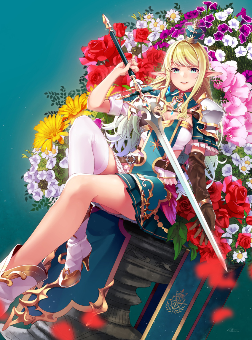 1girl bangs belt blonde_hair blue_eyes blush boots breasts brown_gloves cleavage crown elbow_gloves elf flower gloves gold_trim green_hair high_heel_boots high_heels highres holding holding_sword holding_weapon large_breasts long_hair looking_at_viewer mini_crown multicolored_hair open_mouth original parted_lips pauldrons pink_flower pointy_ears purple_flower red_flower red_rose retsuna rose sidelocks signature single_elbow_glove single_thighhigh sitting smile solo sword thighhighs very_long_hair weapon white_flower white_footwear white_hair white_legwear yellow_flower