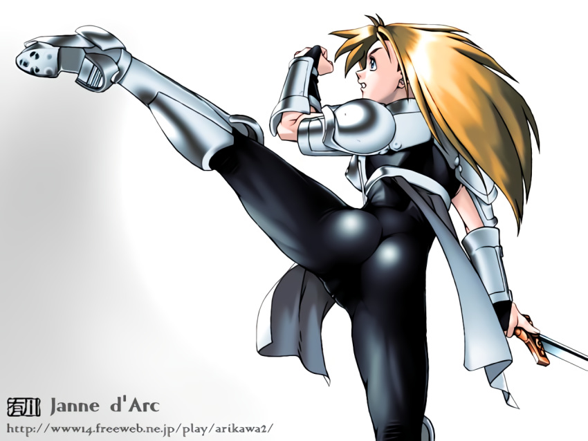 1girl adk armor blonde_hair blue_eyes janne_d'arc leather leather_pants leather_suit long_hair neo_geo pants shiny shiny_clothes skin_tight sword weapon world_heroes