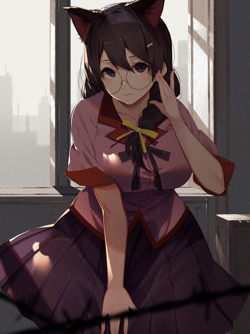 1girl animal_ears bakemonogatari black_hair blush braid breasts building cat_ears closed_mouth commentary cowboy_shot glasses hair_ornament hair_ribbon hairclip hand_on_eyewear hanekawa_tsubasa highres indoors kisui_(user_wswf3235) large_breasts long_hair monogatari_(series) pink_shirt purple_eyes purple_skirt ribbon round_eyewear school_uniform shirt skirt solo twin_braids window