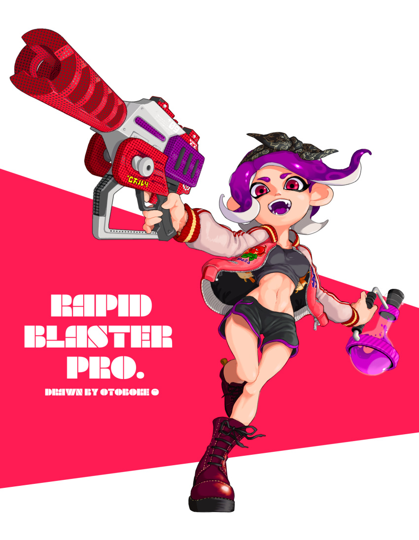 1girl :d artist_name bandana black_shorts boots breasts crop_top cross-laced_footwear full_body groin highres holding jacket lace-up_boots leg_up long_sleeves looking_at_viewer medium_breasts medium_hair navel octarian octoling open_clothes open_jacket open_mouth otoboke-san purple_hair rapid_blaster_pro_(splatoon) red_eyes red_footwear shorts smile solo splatoon_(series) splatoon_2 standing standing_on_one_leg suction_cups tentacle_hair toxic_mist_(splatoon) unzipped zipper zipper_pull_tab